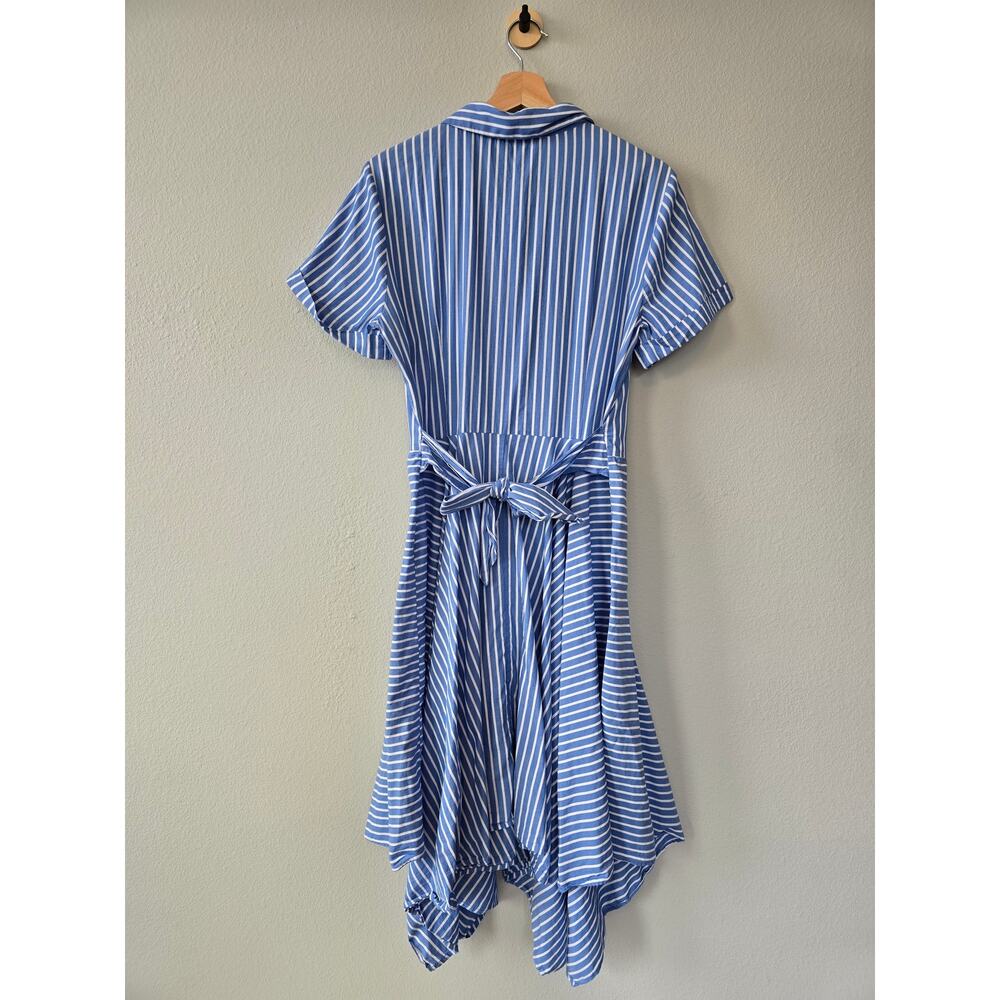 Ivy Blu Blue White Stripe Cotton Shirt Dress Belted High Low Size 14 Summer - Picture 5 of 9